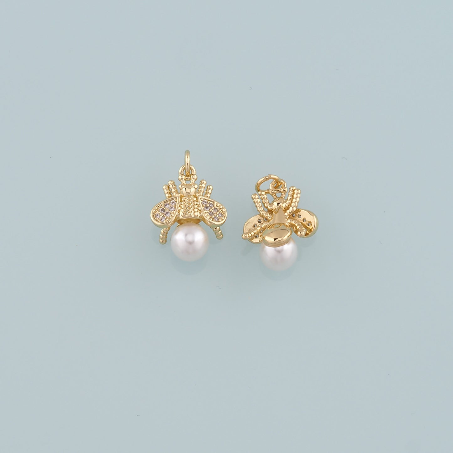 Gold Insect Charms,18K Gold Filled Pearl Bee Pendant,CZ Micro Pave Bee Charm Bracelet Necklace for DIY Jewelry Making Supply