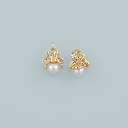 Gold Insect Charms,18K Gold Filled Pearl Bee Pendant,CZ Micro Pave Bee Charm Bracelet Necklace for DIY Jewelry Making Supply