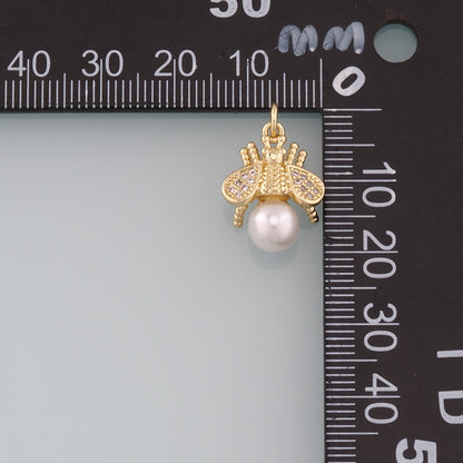 Gold Insect Charms,18K Gold Filled Pearl Bee Pendant,CZ Micro Pave Bee Charm Bracelet Necklace for DIY Jewelry Making Supply