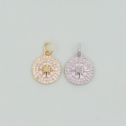 Gold Round Star Charms,18K Gold Filled Starburst Pendant,North Star Charm Bracelet Necklace for DIY Jewelry Making Supply