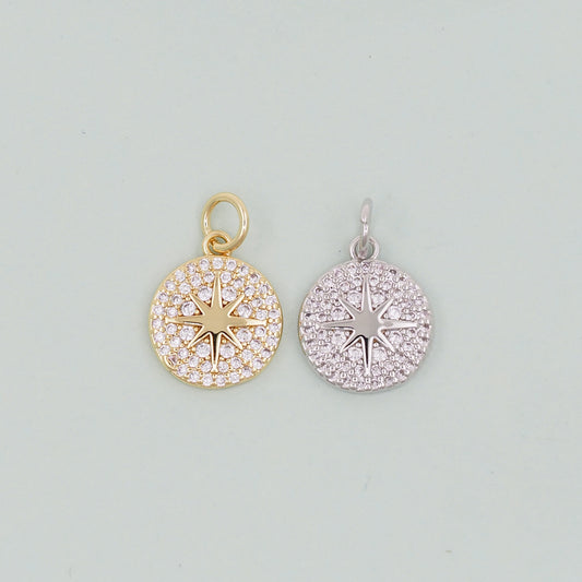 Gold Round Star Charms,18K Gold Filled Starburst Pendant,North Star Charm Bracelet Necklace for DIY Jewelry Making Supply