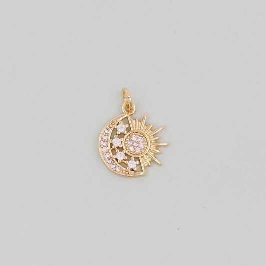 Gold Moon Star Charms,18K Gold Filled CZ Sun Pendant,Celestial Charm Bracelet Necklace for DIY Jewelry Making Supply