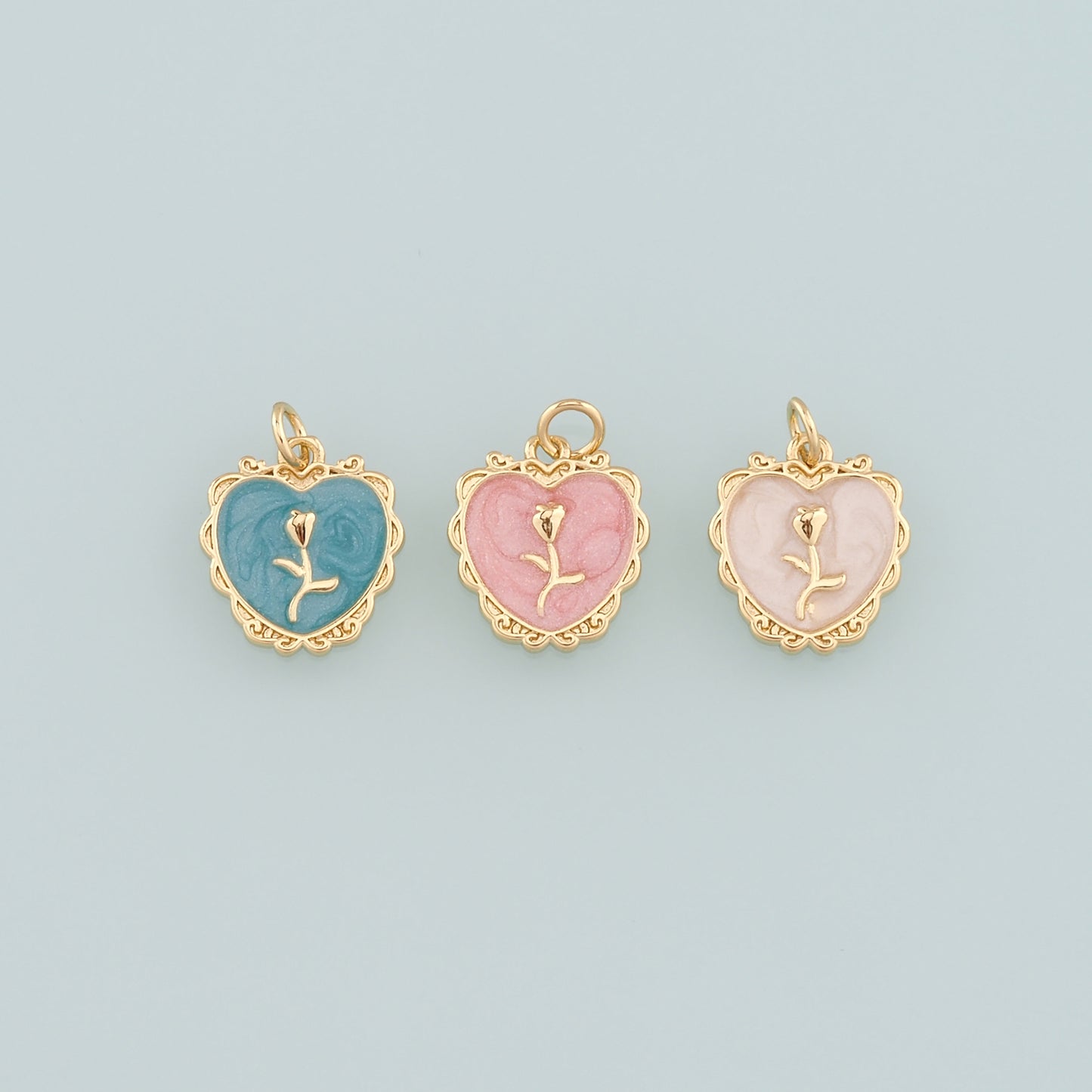 Gold Heart Rose Charm,18K Gold Filled Rose Pendant,Enamel Flower Charm Bracelet Necklace for DIY Jewelry Making Supply