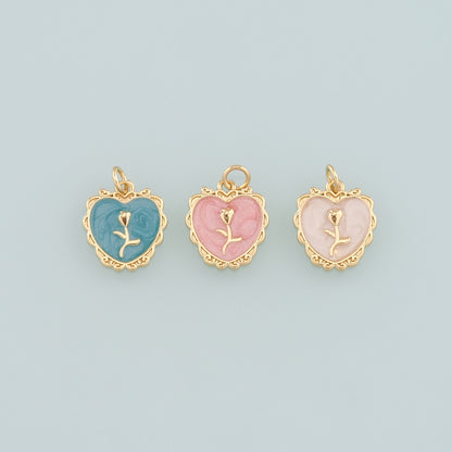 Gold Heart Rose Charm,18K Gold Filled Rose Pendant,Enamel Flower Charm Bracelet Necklace for DIY Jewelry Making Supply