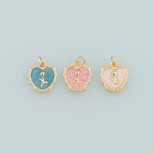 Gold Heart Rose Charm,18K Gold Filled Rose Pendant,Enamel Flower Charm Bracelet Necklace for DIY Jewelry Making Supply