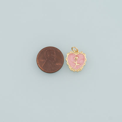 Gold Heart Rose Charm,18K Gold Filled Rose Pendant,Enamel Flower Charm Bracelet Necklace for DIY Jewelry Making Supply