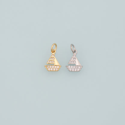 Gold Boat Charms,18K Gold Filled Sailboat Pendant,CZ Micro Pave Navigation Charm Bracelet Necklace for DIY Jewelry Making Supply