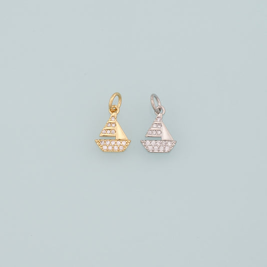 Gold Boat Charms,18K Gold Filled Sailboat Pendant,CZ Micro Pave Navigation Charm Bracelet Necklace for DIY Jewelry Making Supply