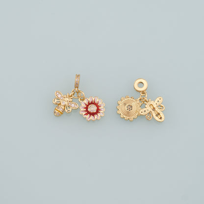 Gold Insect Charms,18K Gold Filled Bee Pendant,Enamel Flower Charm Bracelet Necklace for DIY Jewelry Making Supply