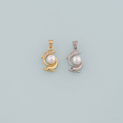 Gold Dolphin Charms,18K Gold Filled Pearl Dolphin Pendant,CZ Micro Pave Ocean Charm Bracelet Necklace for DIY Jewelry Making Supply