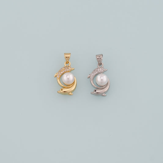 Gold Dolphin Charms,18K Gold Filled Pearl Dolphin Pendant,CZ Micro Pave Ocean Charm Bracelet Necklace for DIY Jewelry Making Supply