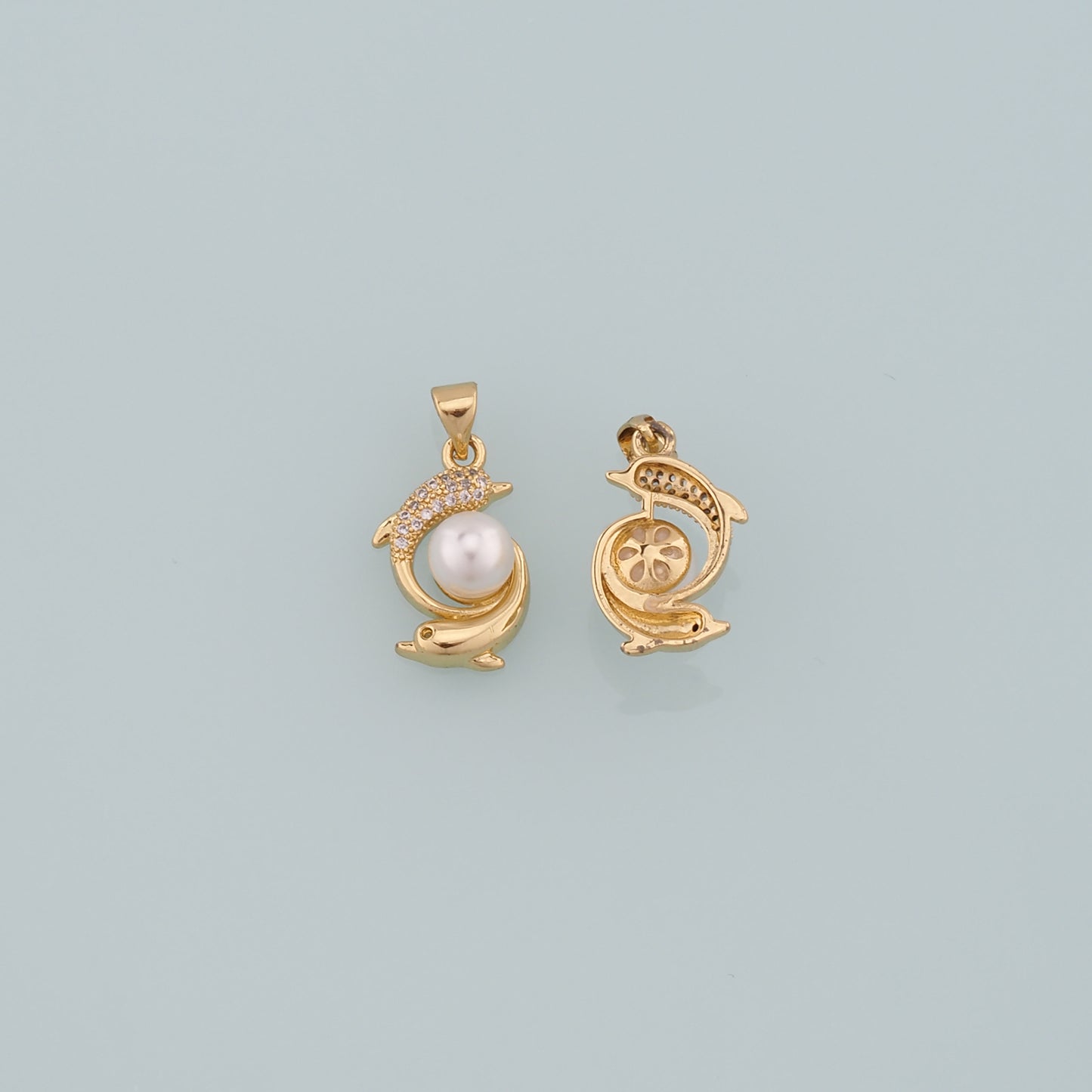 Gold Dolphin Charms,18K Gold Filled Pearl Dolphin Pendant,CZ Micro Pave Ocean Charm Bracelet Necklace for DIY Jewelry Making Supply