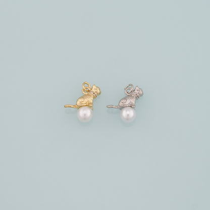 Gold Cat Charm,18K Gold Filled Pearl Cat Pendant,CZ Micro Pave Animal Charm Bracelet Necklace for DIY Jewelry Making Supply