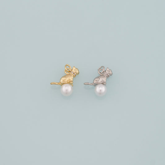 Gold Cat Charm,18K Gold Filled Pearl Cat Pendant,CZ Micro Pave Animal Charm Bracelet Necklace for DIY Jewelry Making Supply