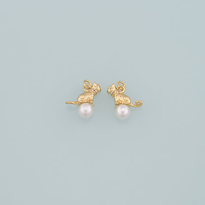 Gold Cat Charm,18K Gold Filled Pearl Cat Pendant,CZ Micro Pave Animal Charm Bracelet Necklace for DIY Jewelry Making Supply