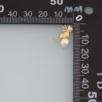 Gold Cat Charm,18K Gold Filled Pearl Cat Pendant,CZ Micro Pave Animal Charm Bracelet Necklace for DIY Jewelry Making Supply