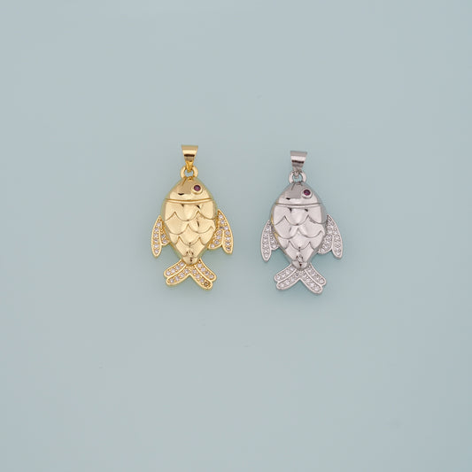 Gold Fish Charms,18K Gold Filled Fish Pendant,CZ Micro Pave Fish Charm Bracelet Necklace for DIY Jewelry Making Supply