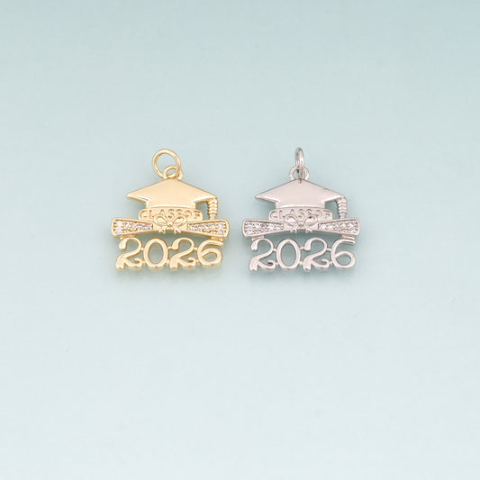 18K Gold Filled CZ 2026 Doctoral Cap Pendant,Graduate Charm Bracelet Necklace for DIY Jewelry Making Supply