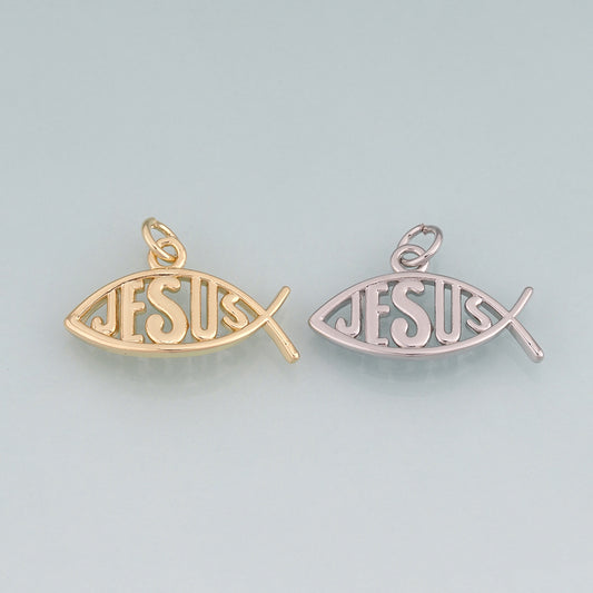 18K Gold Filled Fish Pendant,Jesus Charm Bracelet Necklace for DIY Jewelry Making Supply