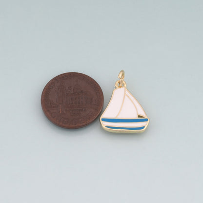 18K Gold Filled Enamel Sailboat Pendant,Sailboat Charm Bracelet Necklace for DIY Jewelry Making Supply