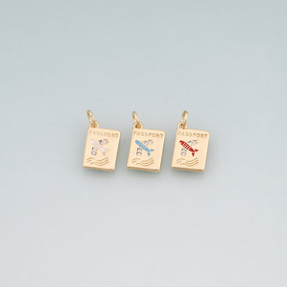18K Gold Filled Enamel Airplane Pendant,Passport Charm Bracelet Necklace for DIY Jewelry Making Supply