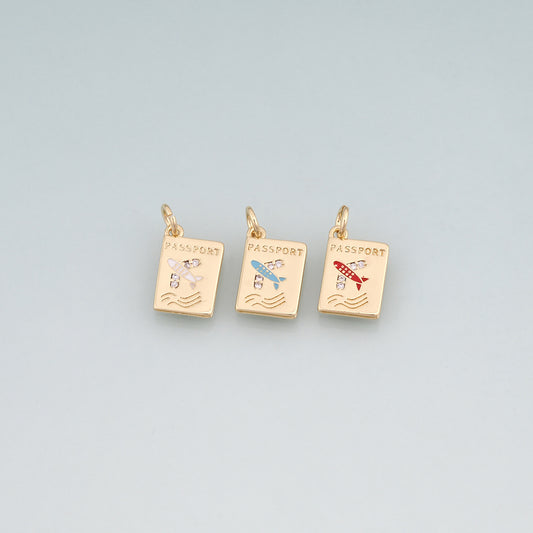 18K Gold Filled Enamel Airplane Pendant,Passport Charm Bracelet Necklace for DIY Jewelry Making Supply