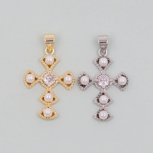 Gold Cross Charms,18K Gold Filled CZ Cross Pendant,Religious Charm Bracelet Necklace for DIY Jewelry Making Supply