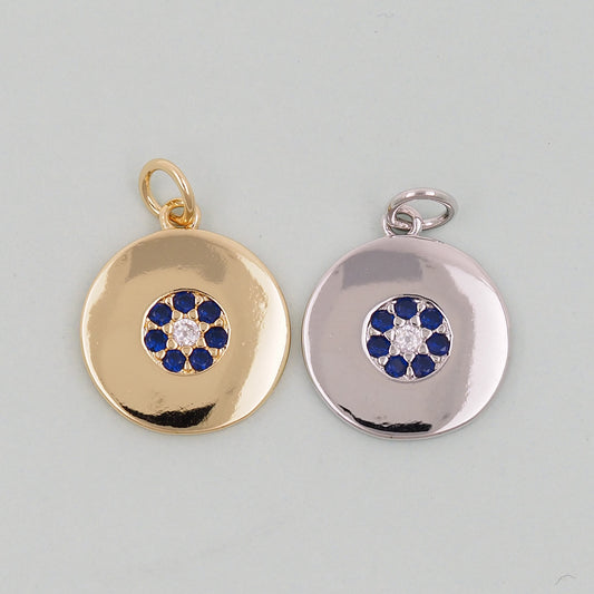 Gold Round Charms,18K Gold Filled Round Pendant,Silver Evil Eye Charm Bracelet Necklace for DIY Jewelry Making Supply