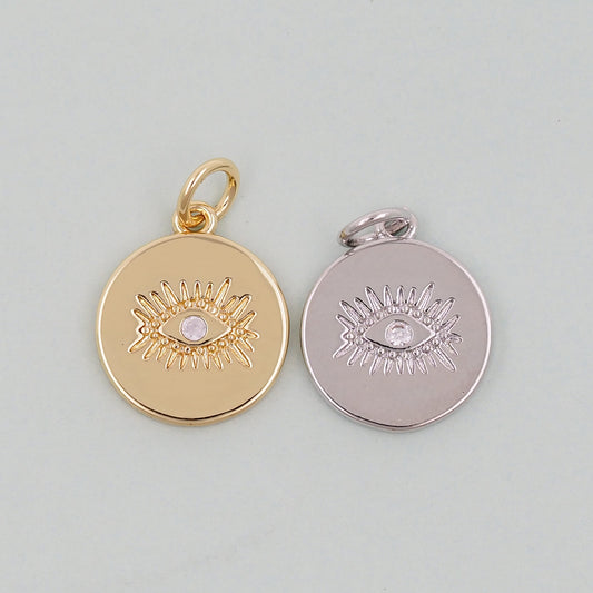Gold Round Charms,18K Gold Filled Round Pendant,Silver Evil Eye Charm Bracelet Necklace for DIY Jewelry Making Supply