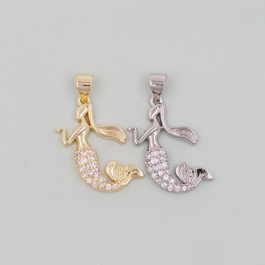 Gold Mermaid Charms,18K Gold Filled Tail Pendant,CZ Micro Pave Mermaid Tail Charm Bracelet Necklace for DIY Jewelry Making Supply