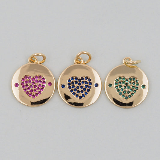 Gold Round Coin Heart Charms,18K Gold Filled Heart Pendant,Heart Charm Bracelet Necklace for DIY Jewelry Making Supply