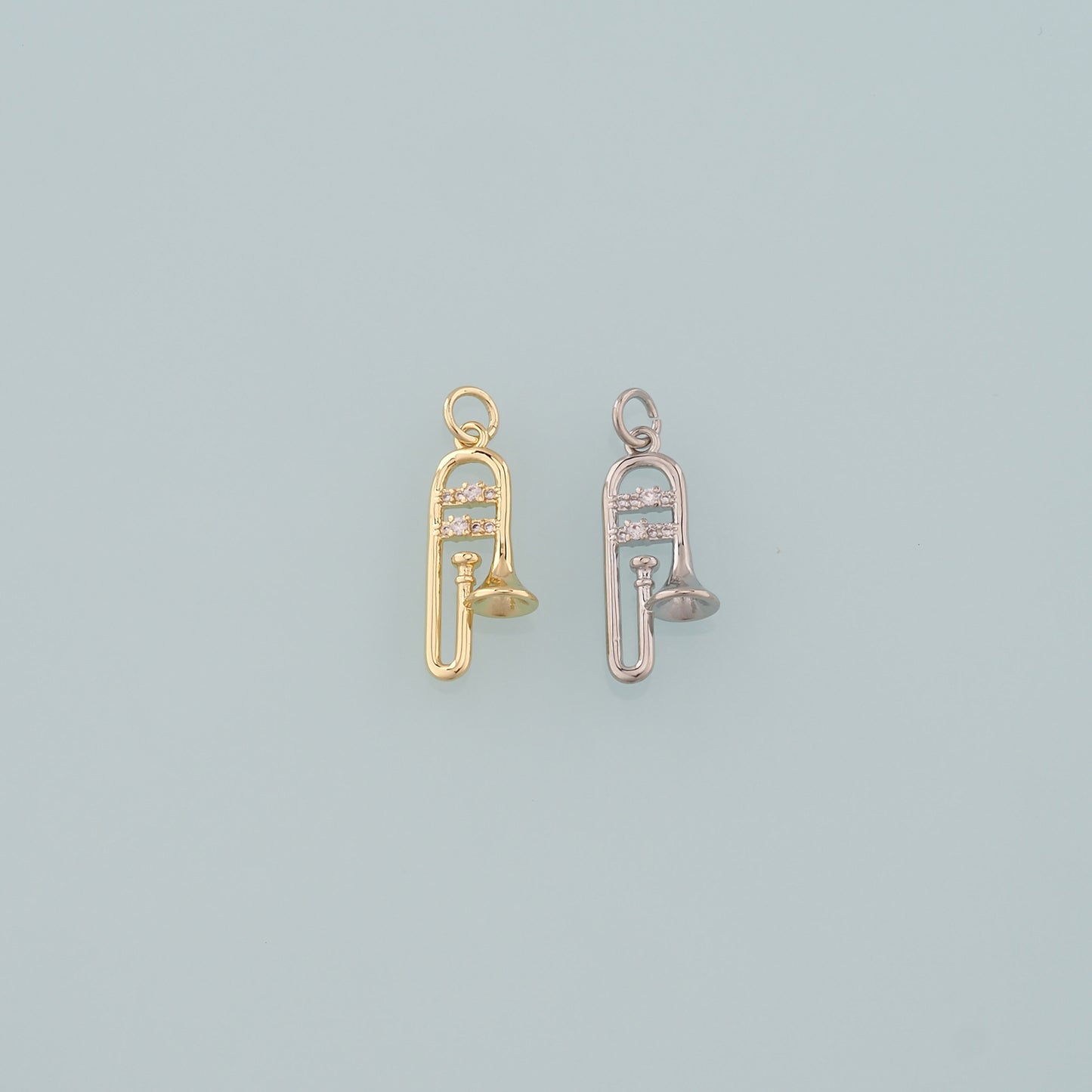 Gold Musical Instrument Charms,18K Gold Filled Trombone Pendant,CZ Micro Pave Trombone Charm Bracelet Necklace for DIY Jewelry Making Supply