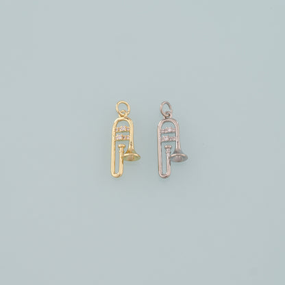 Gold Musical Instrument Charms,18K Gold Filled Trombone Pendant,CZ Micro Pave Trombone Charm Bracelet Necklace for DIY Jewelry Making Supply