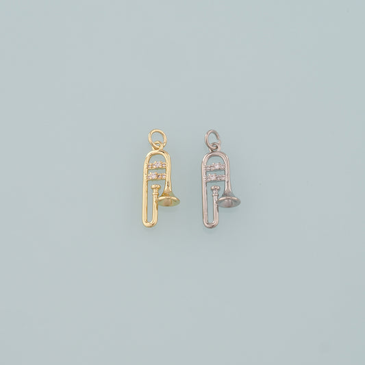 Gold Musical Instrument Charms,18K Gold Filled Trombone Pendant,CZ Micro Pave Trombone Charm Bracelet Necklace for DIY Jewelry Making Supply