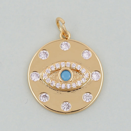 Gold Round Coin Charms,18K Gold Filled Round Eye Pendant,Evil Eye Charm Bracelet Necklace for DIY Jewelry Making Supply