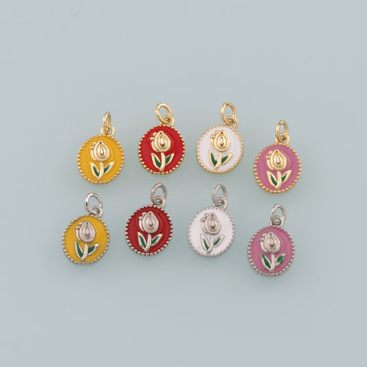 Gold Flower Charms,18K Gold Filled Tulip Pendant,Enamel Tulip Charm Bracelet Necklace for DIY Jewelry Making Supply
