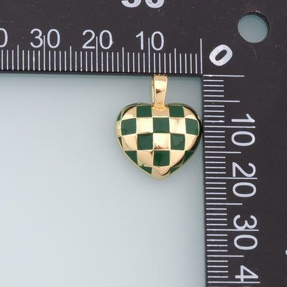 Gold Heart Checkered Charms,18K Gold Filled Enamel Checkered Pendant,Checker Charm Bracelet Necklace for DIY Jewelry Making Supply