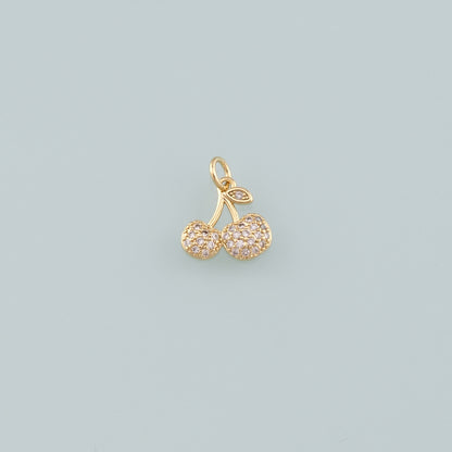 Gold Cherry Charms,18K Gold Filled Cherry Pendant,CZ Micro Pave Fruit Charm Bracelet Necklace for DIY Jewelry Making Supply