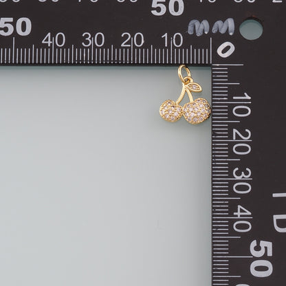 Gold Cherry Charms,18K Gold Filled Cherry Pendant,CZ Micro Pave Fruit Charm Bracelet Necklace for DIY Jewelry Making Supply