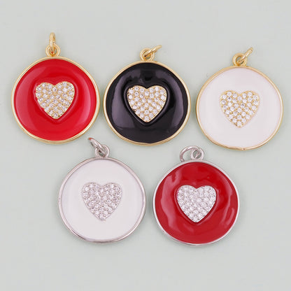 18K Gold Filled Round Heart Pendant,Enamel Heart Charm Bracelet Necklace for DIY Jewelry Making Supply