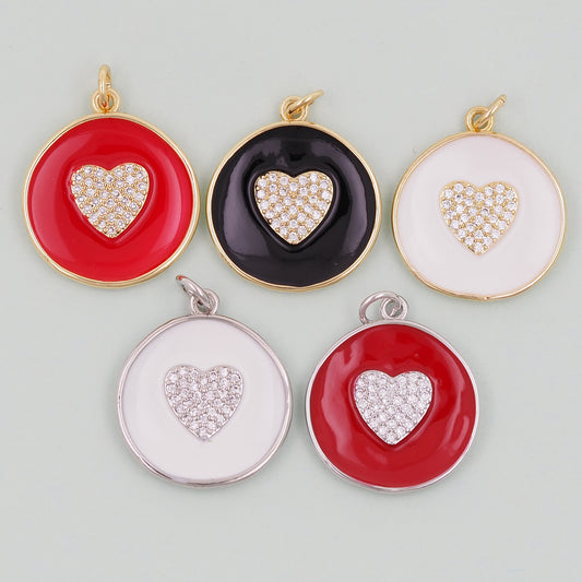 18K Gold Filled Round Heart Pendant,Enamel Heart Charm Bracelet Necklace for DIY Jewelry Making Supply