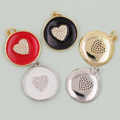 18K Gold Filled Round Heart Pendant,Enamel Heart Charm Bracelet Necklace for DIY Jewelry Making Supply