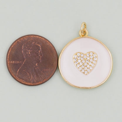 18K Gold Filled Round Heart Pendant,Enamel Heart Charm Bracelet Necklace for DIY Jewelry Making Supply