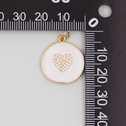 18K Gold Filled Round Heart Pendant,Enamel Heart Charm Bracelet Necklace for DIY Jewelry Making Supply