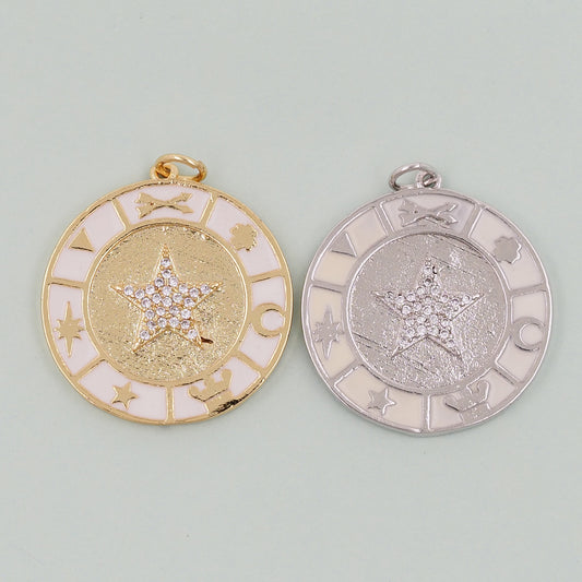 18K Gold Filled Round Star Pendant,CZ Micro Pave Star Charm Bracelet Necklace for DIY Jewelry Making Supply