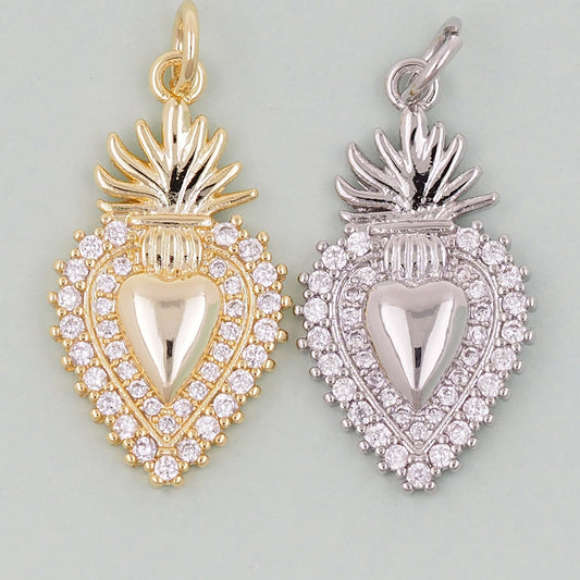 18K Gold Filled Sacred Heart Pendant,CZ Micro Pave Religious Charm Bracelet Necklace for DIY Jewelry Making Supply
