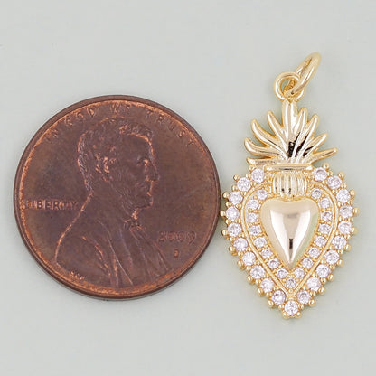18K Gold Filled Sacred Heart Pendant,CZ Micro Pave Religious Charm Bracelet Necklace for DIY Jewelry Making Supply