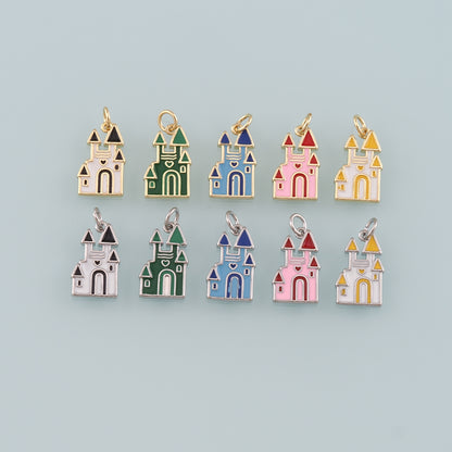 18K Gold Filled Castle Pendant,Enamel Castle Charm Bracelet Necklace for DIY Jewelry Making Supply