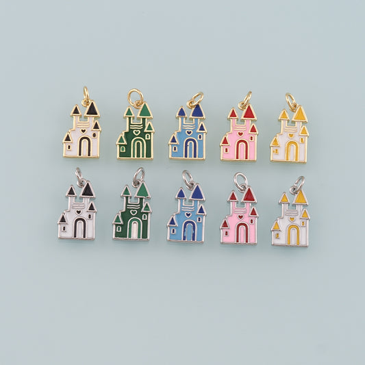 18K Gold Filled Castle Pendant,Enamel Castle Charm Bracelet Necklace for DIY Jewelry Making Supply