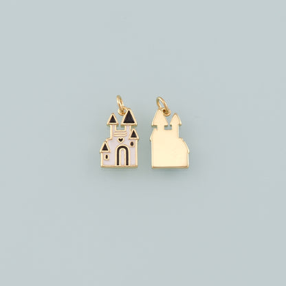 18K Gold Filled Castle Pendant,Enamel Castle Charm Bracelet Necklace for DIY Jewelry Making Supply